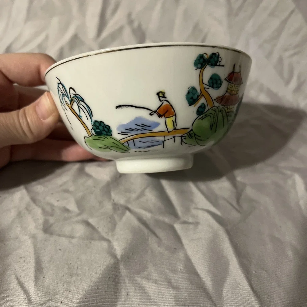 Vintage Antique 19th Century Chinese Rice Bowl - Porcelain, Fisherman
